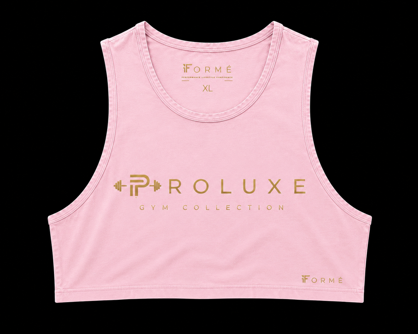 PROLUXE Women’s Pink Crop Tank with gold gym collection branding