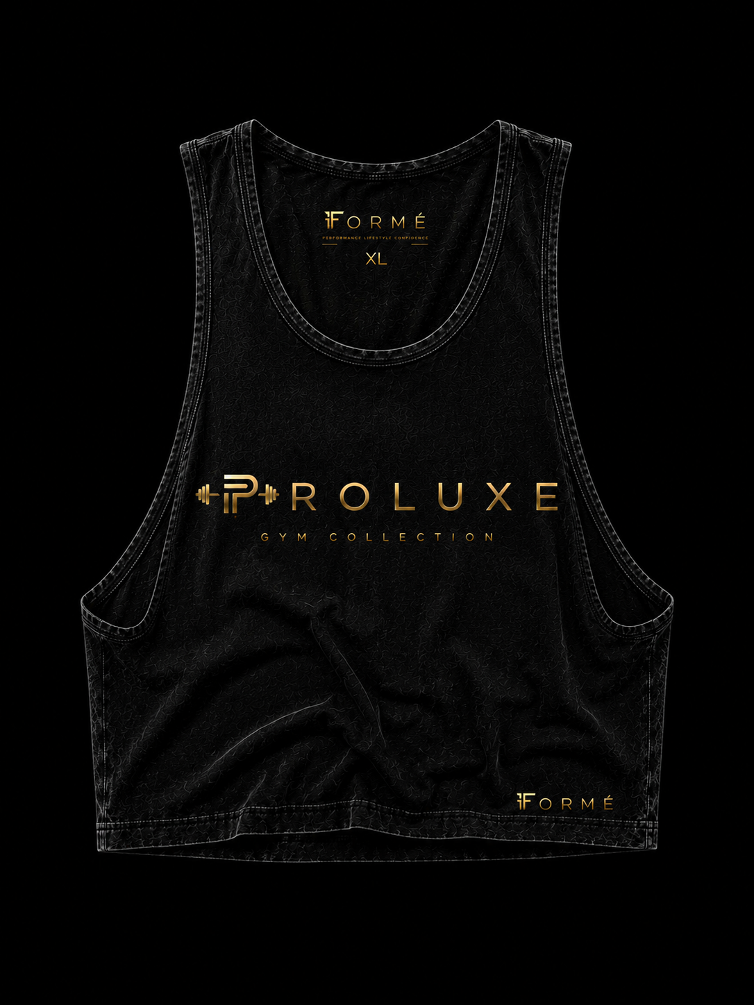 PROLUXE Men’s Gym Collection Crop Tank in washed black with gold branding