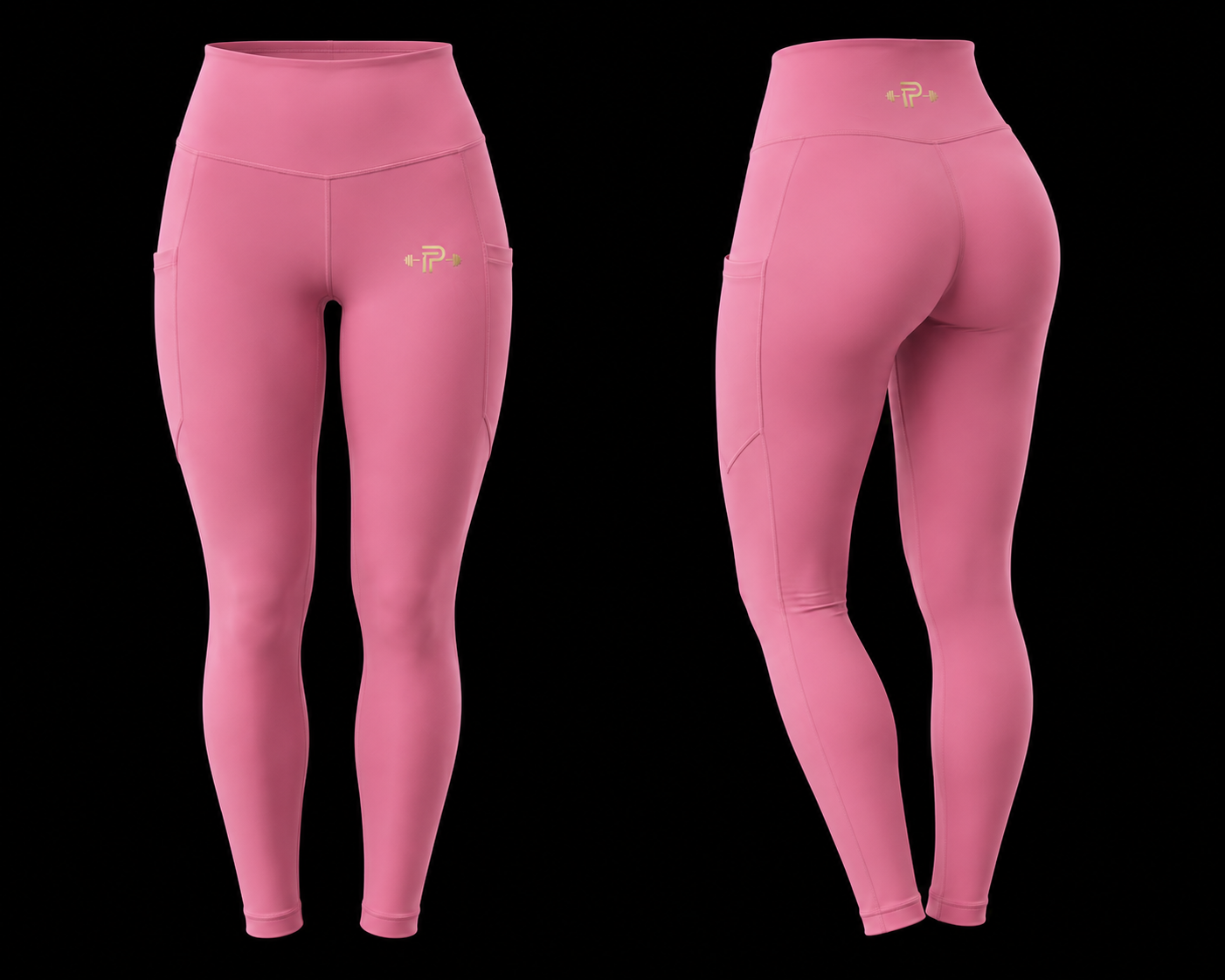 PROLUXE Women’s Pink Performance Leggings with side pockets and gold branding