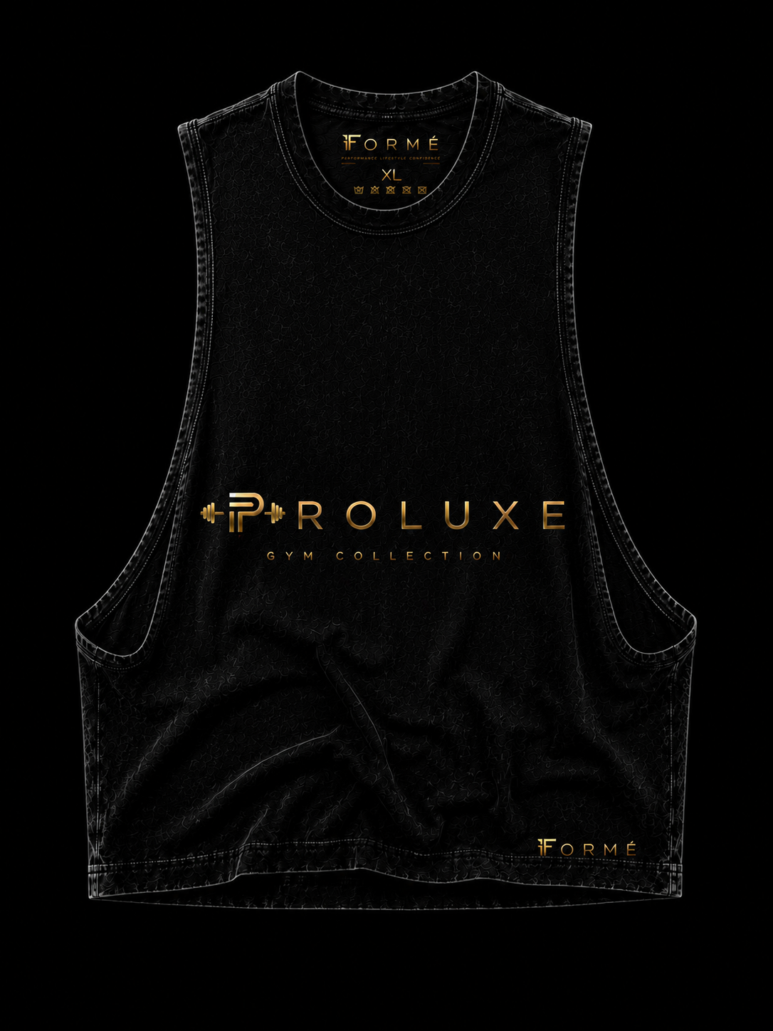 PROLUXE Men’s Crop Tank in black with gold branding