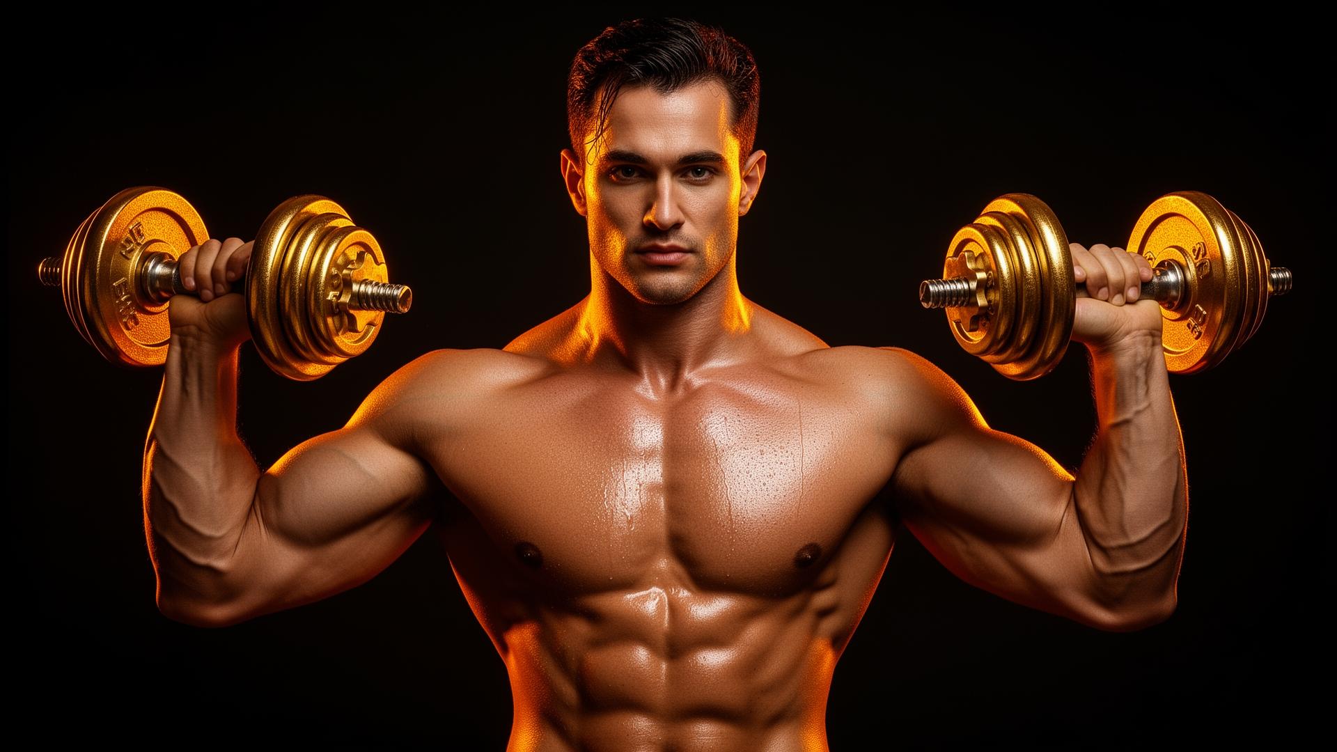 Shirtless male athlete mid-curl with gold dumbbells
